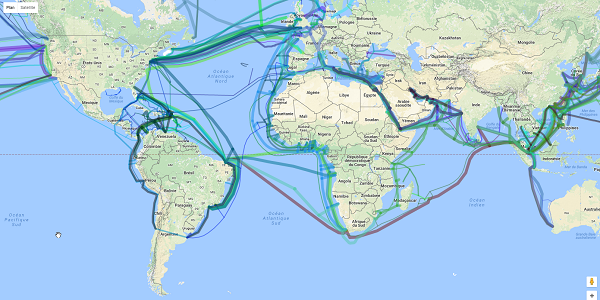 Greg's Cable Map - carte des différents câbles sous-marins reliant les continents