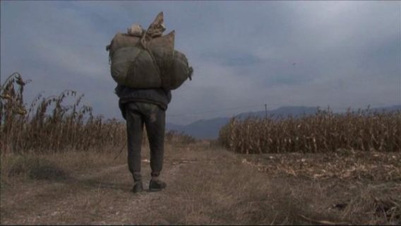 Un homme portant sur le dos un volumineux paquetage marche seul à travers champs
