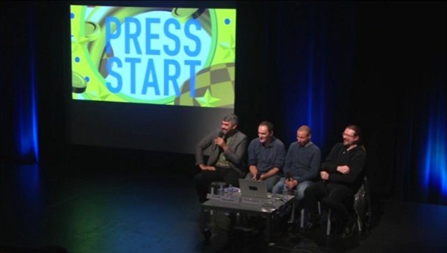 Stéphane Beauverger et trois autres intervenants lors d'une table-ronde de Press Start 2017