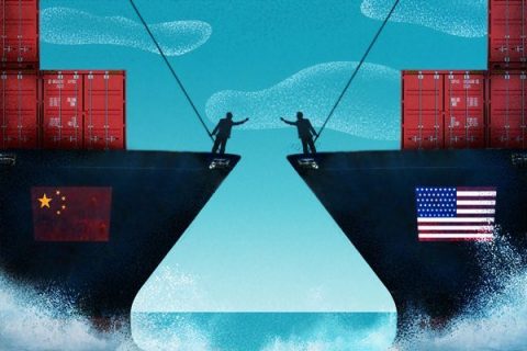 Illustration d'un bateau chinois face à un bateau américain
