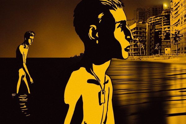 personnages de profil marchant dans l'eau
