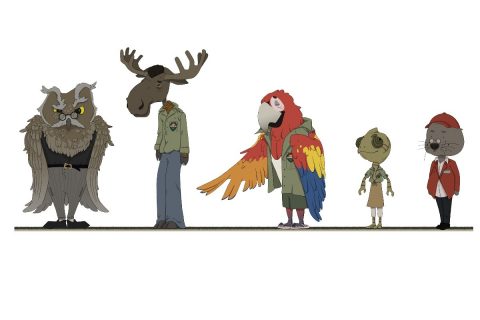 Personnages-animaux du jeu Bulle (un hiboux, un élan, un perroquet, un caméléon et un castor)