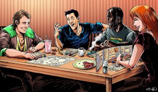 Quatre personnes autour d'une table jouent à un jeu de rôle.