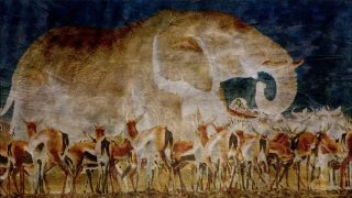 Un immense éléphant derrière des antilopes, dans la savanes, avec des effets de surimpressions et d'inversion des couleurs.