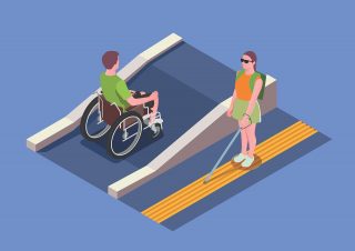 Dessin : une personne en fauteuil roulant monte une rampe d'accès, une autre avec une canne d'aveugle suit une bande podotactile.
